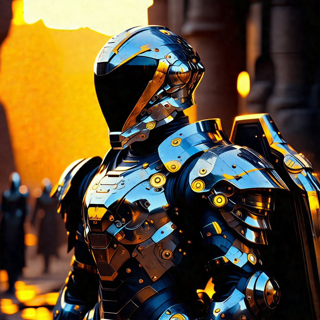 Futuristic scene with a man wearing a metallic suit and a...
