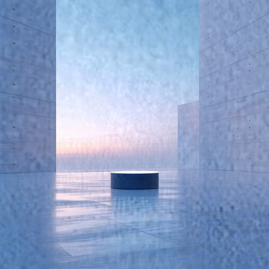 Large, blue, empty room with a single blue chair placed i...