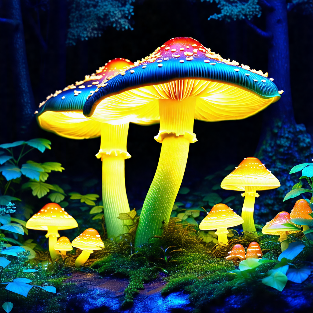 Forest with a variety of mushrooms and plants