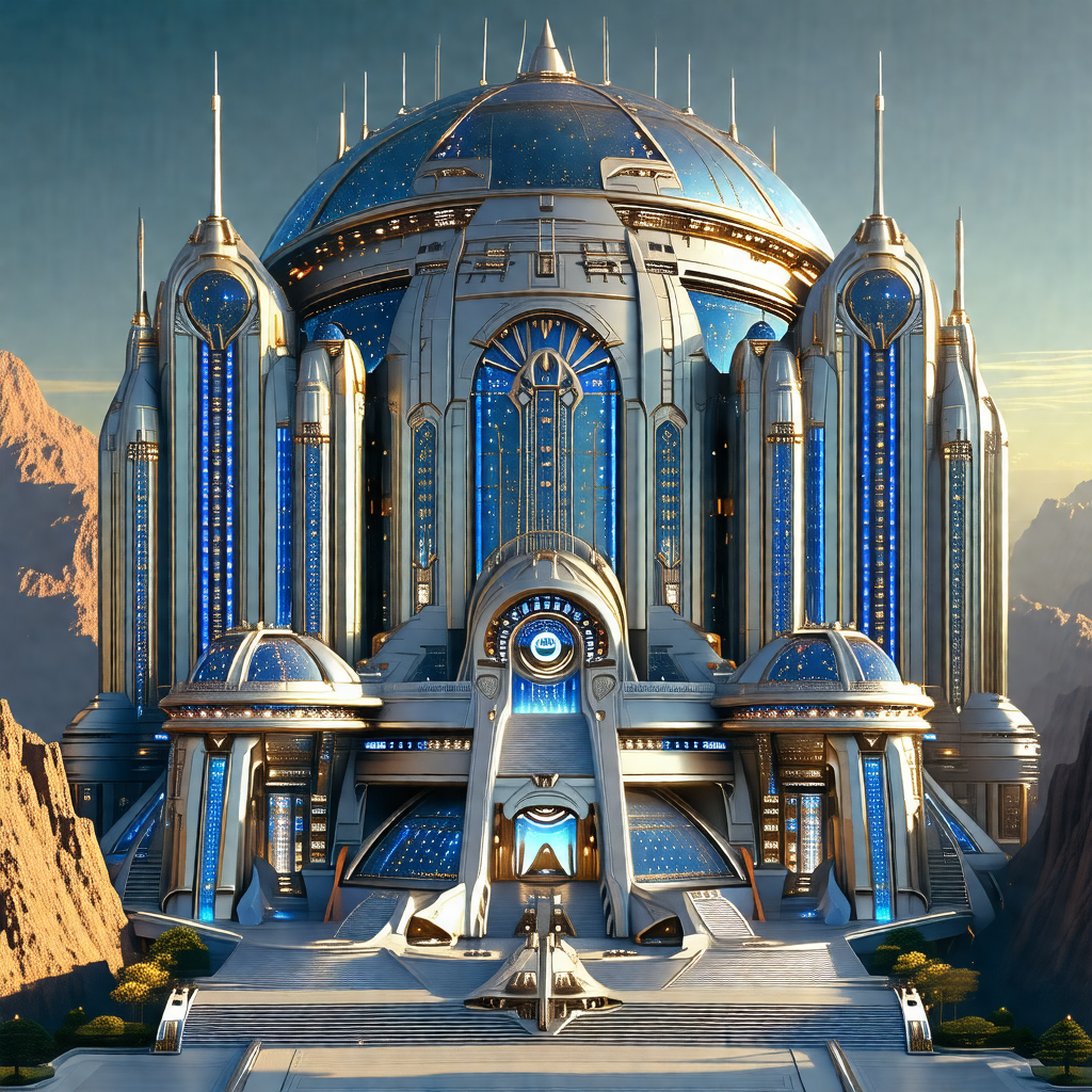 Large, futuristic building with a domed roof and a clock ...