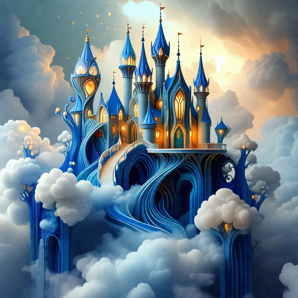 Beautiful blue castle with a staircase leading to the top...