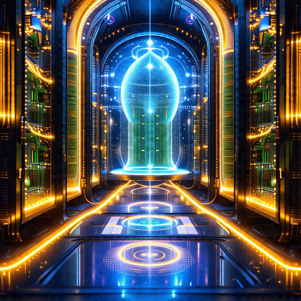 Futuristic setting with a large, blue, circular object in...