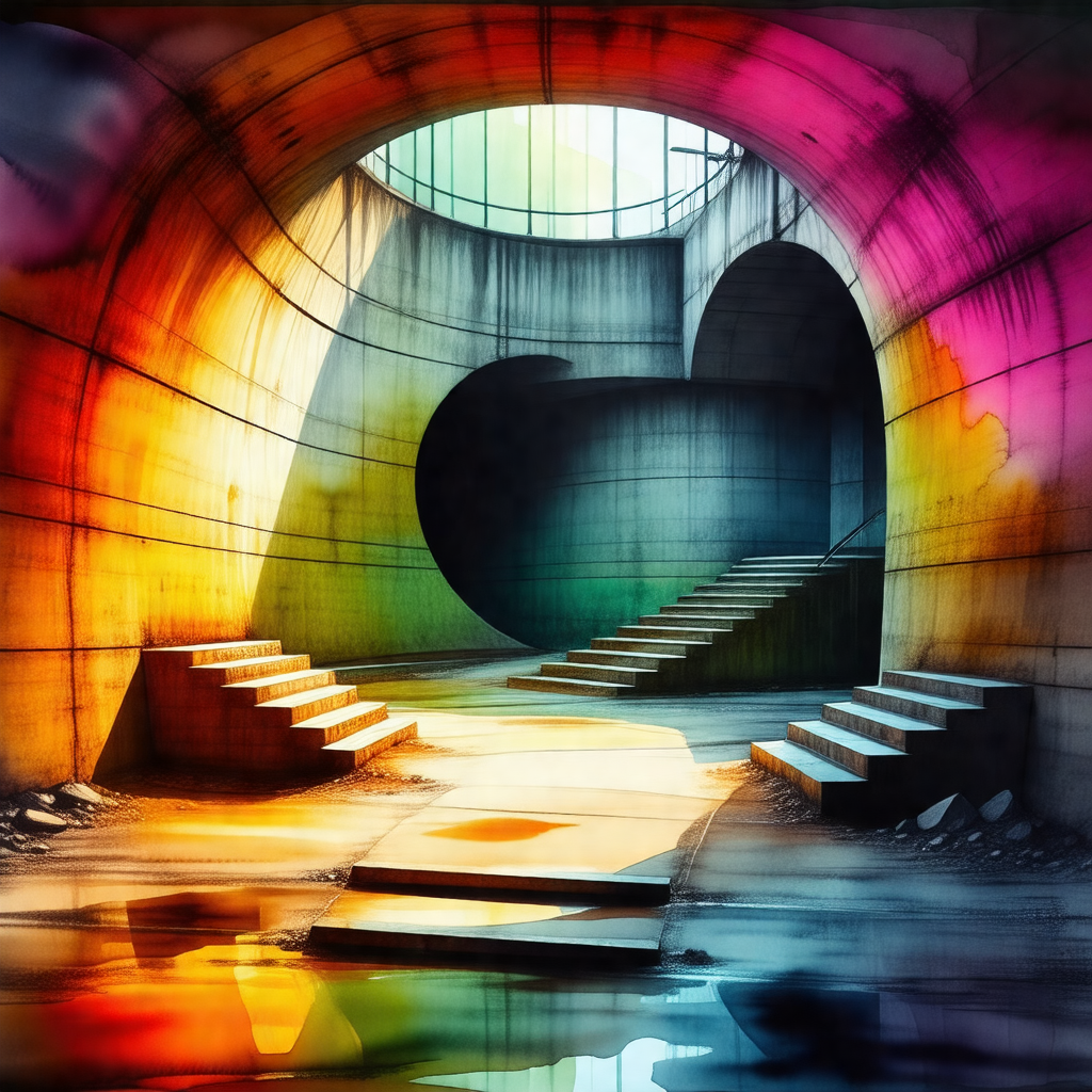 Tunnel with a staircase leading to a brightly lit area