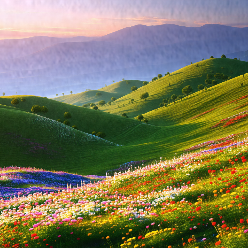 Beautiful, lush green hillside with a vibrant, colorful f...