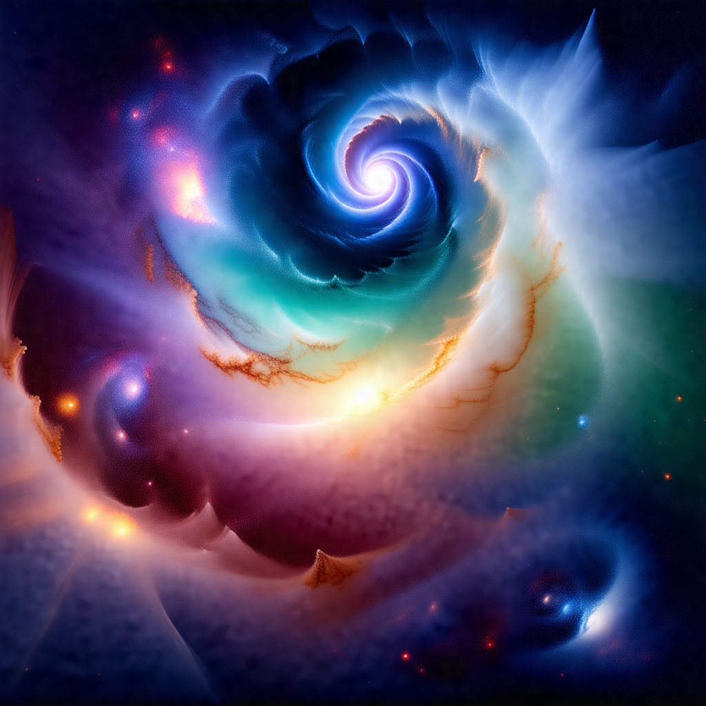 Colorful and vibrant space scene featuring a spiral galaxy