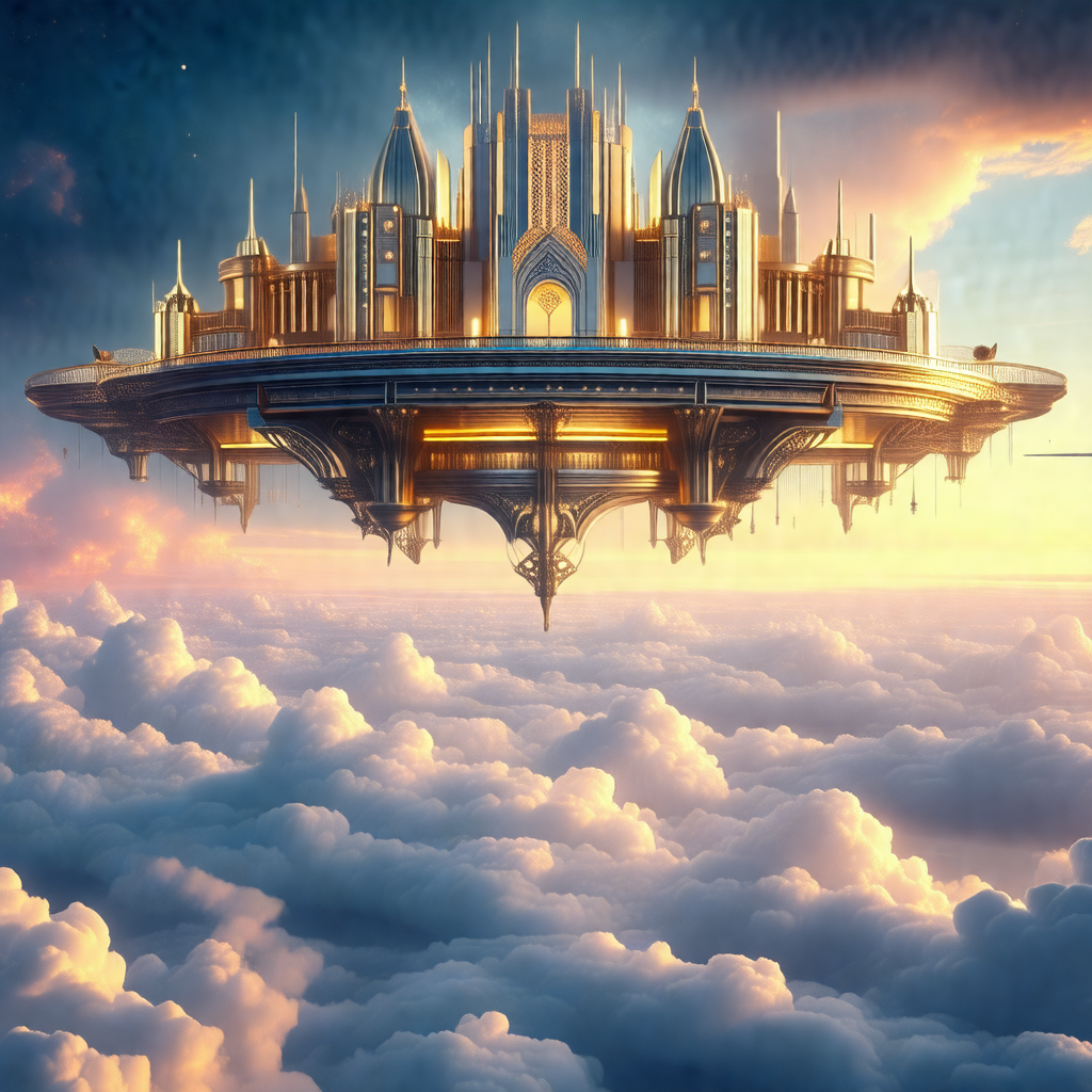 Large, intricate castle floating high in the sky