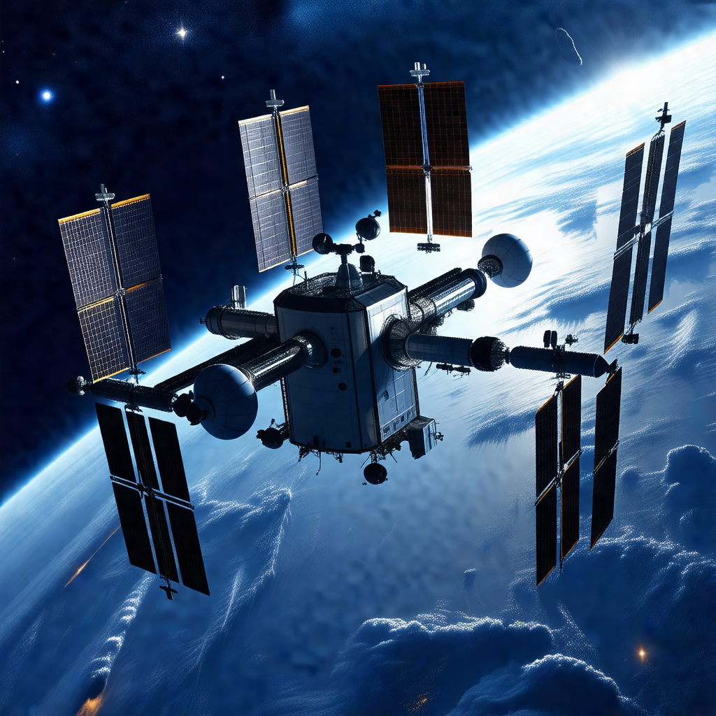 Space shuttle with a large satellite dish on top of it