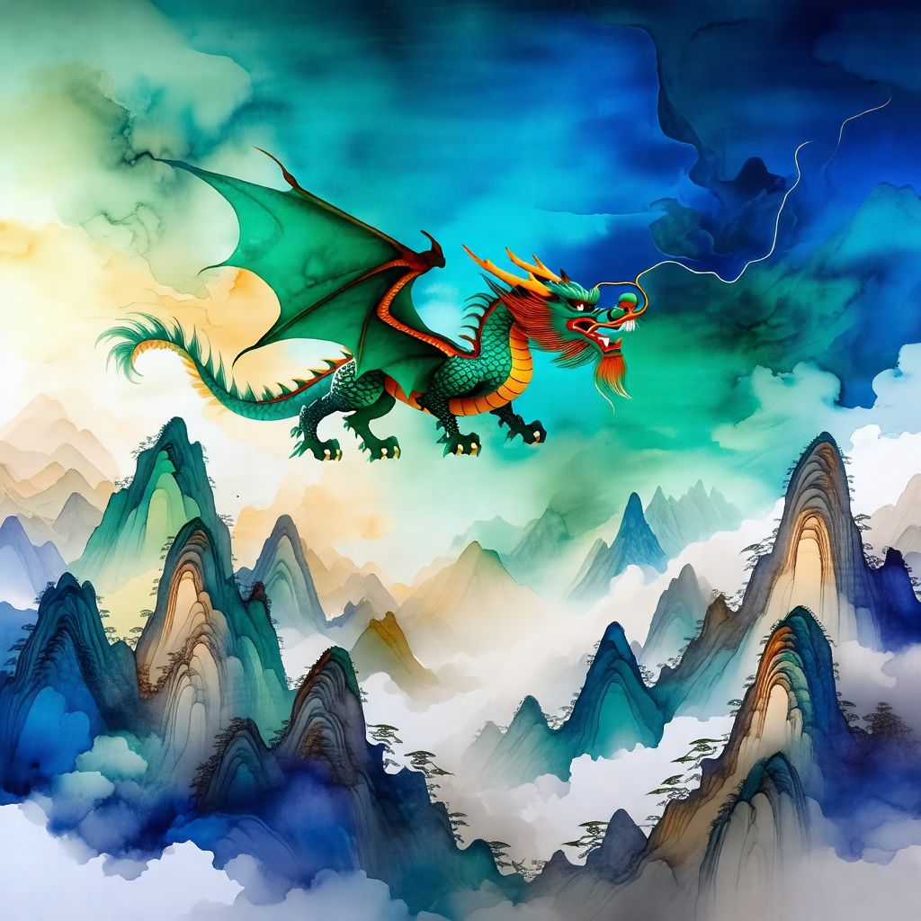 Dragon flying through the sky, with its wings spread wide