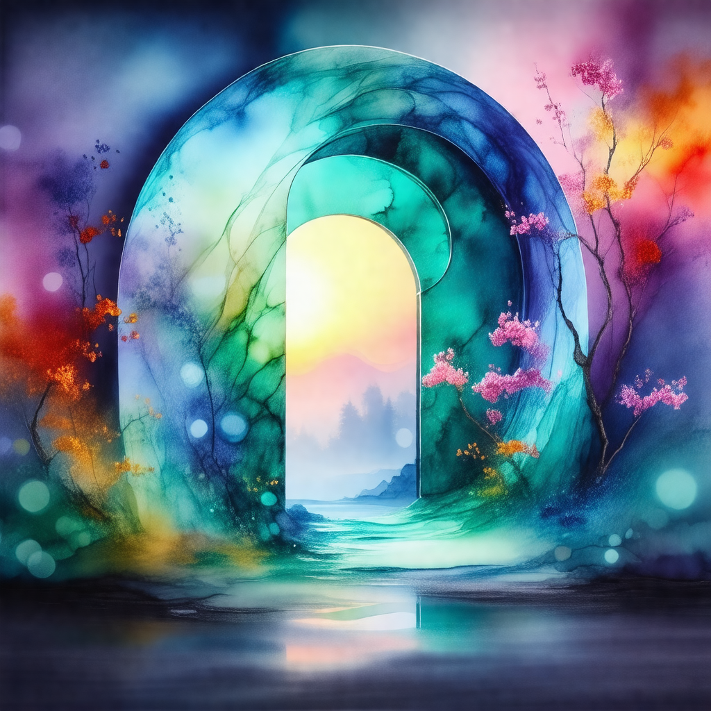 Large, colorful archway with a rainbow-colored background