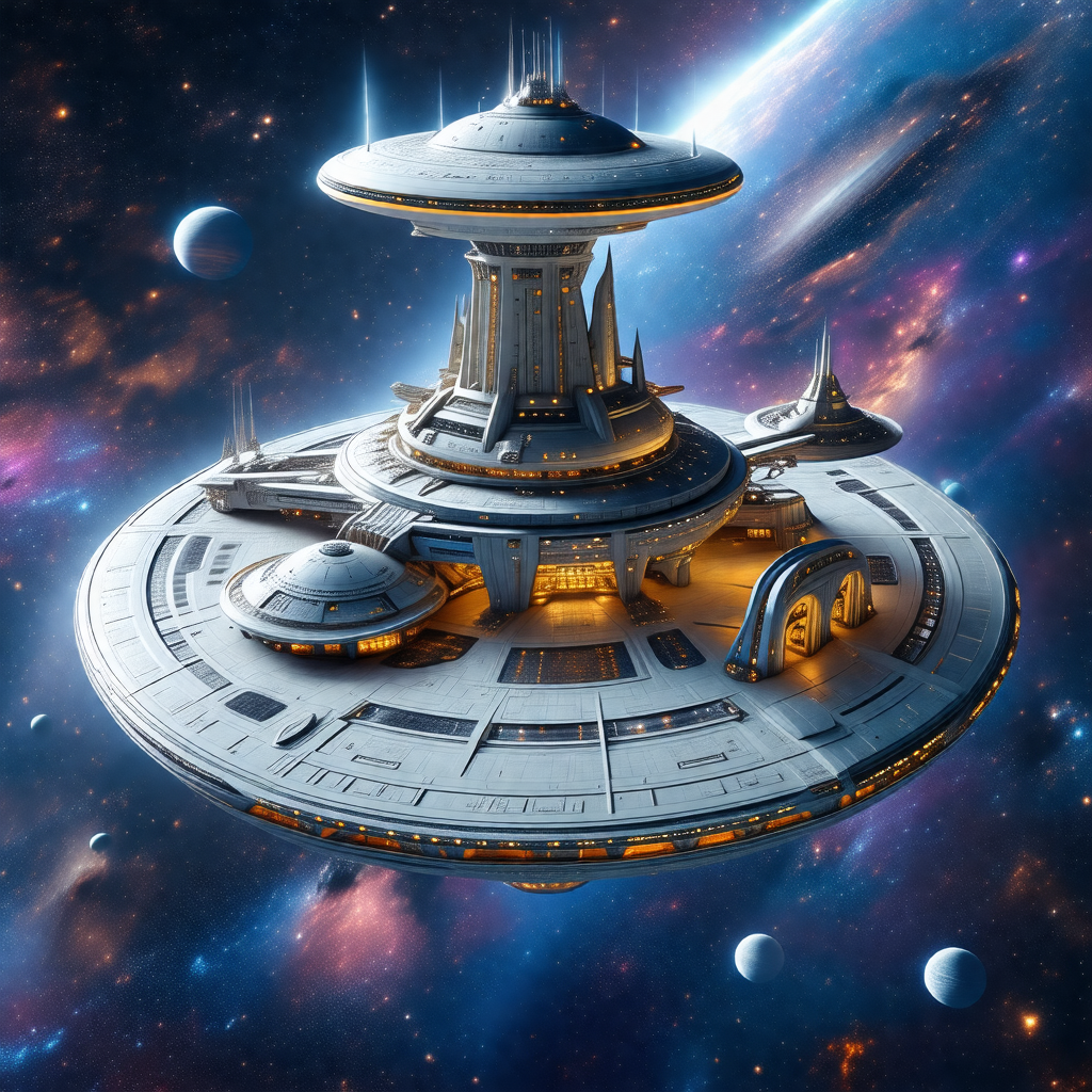 Futuristic space station with a large dome-shaped structu...