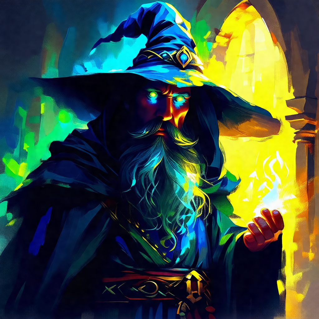 Wizard with a long beard and a blue hat, standing in fron...