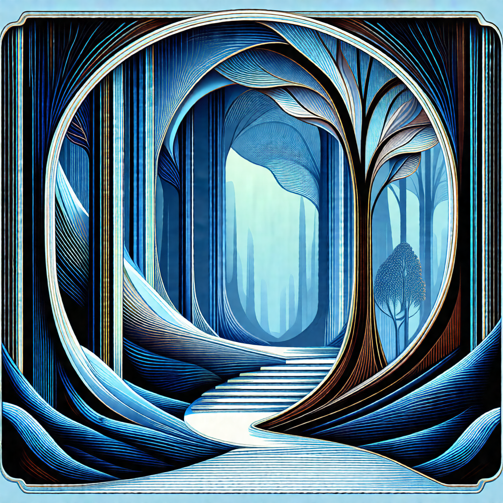 Painting of a snowy forest with a path leading through th...