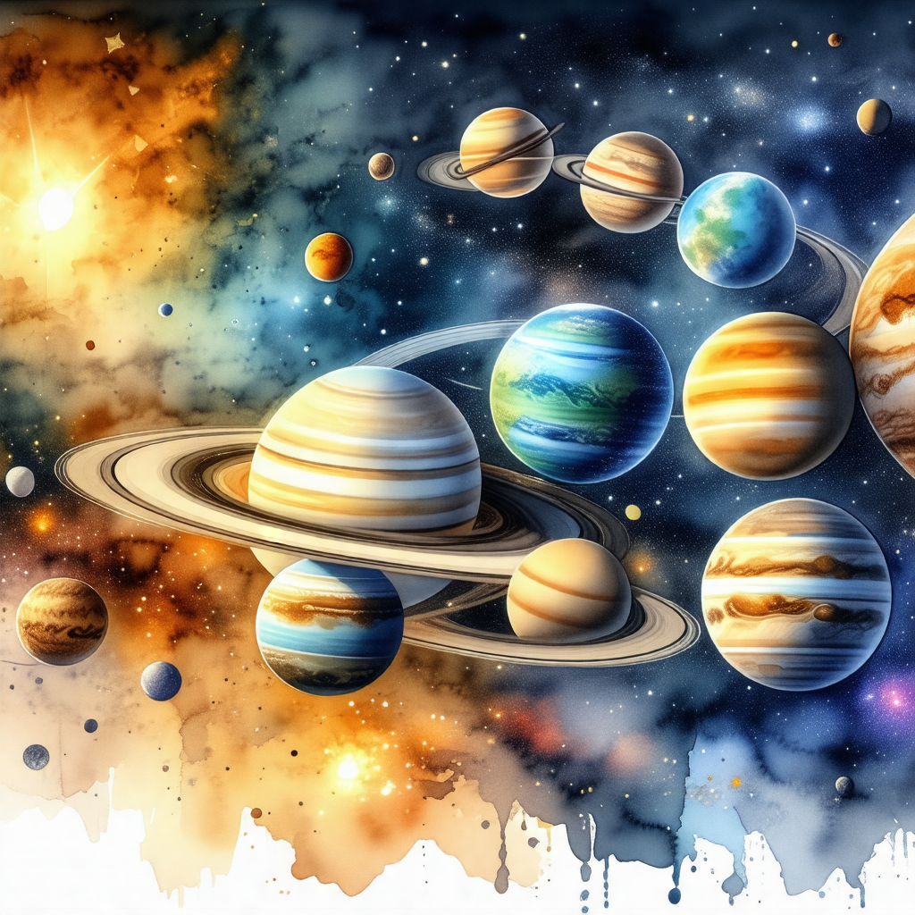 Colorful painting of a solar system, featuring a variety ...