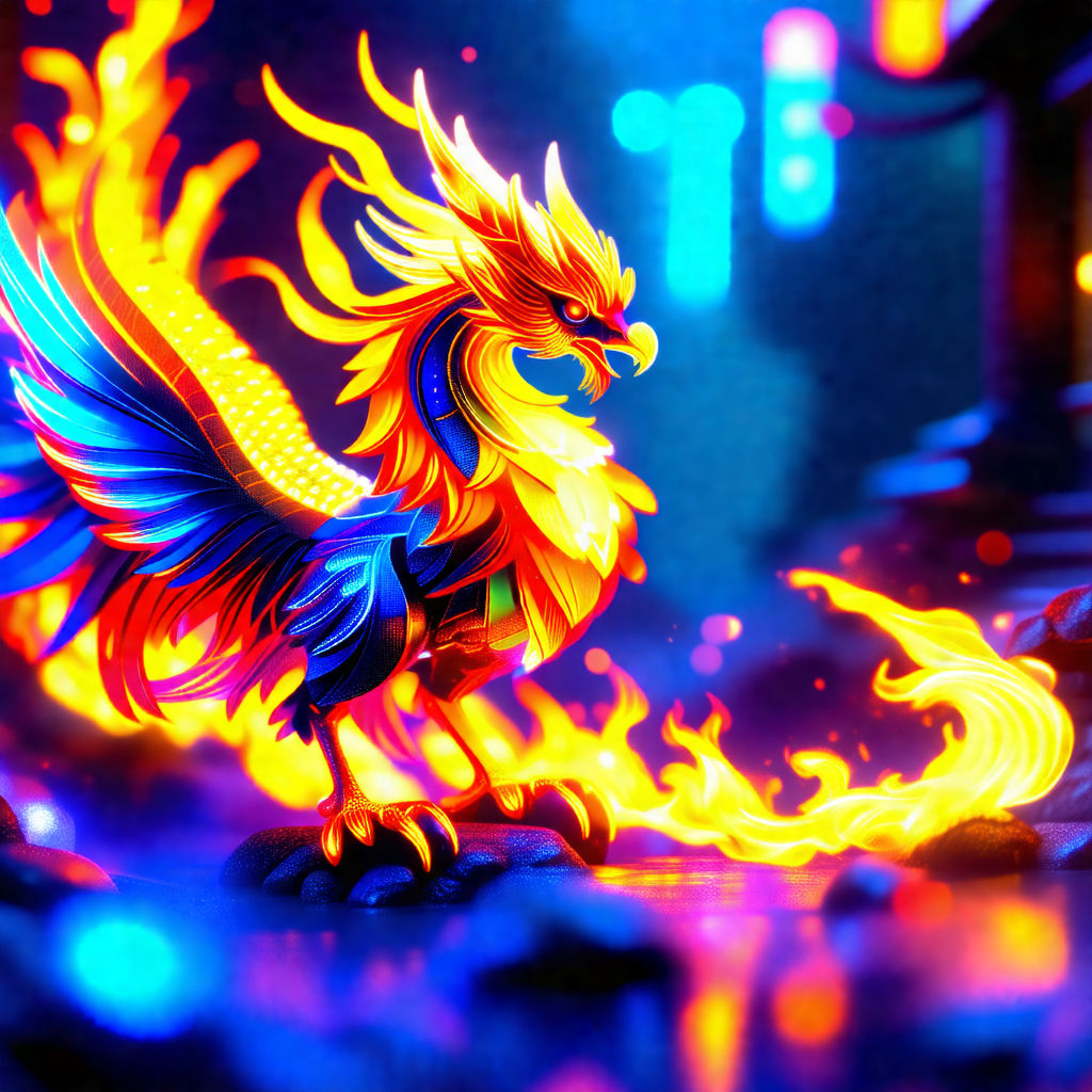Colorful, fire-breathing dragon standing on a rocky surface