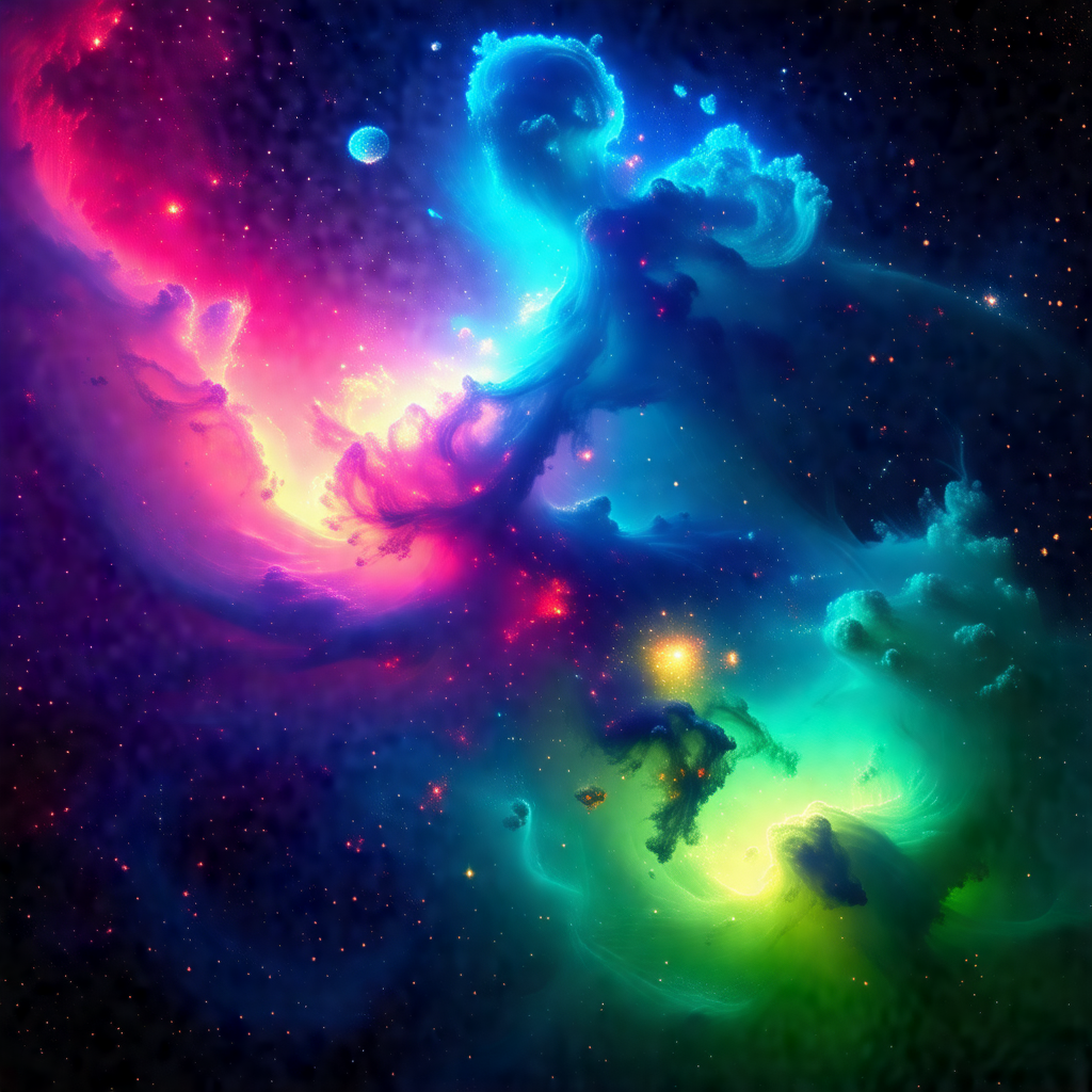 Vibrant and colorful nebula, with a mix of green, blue, a...