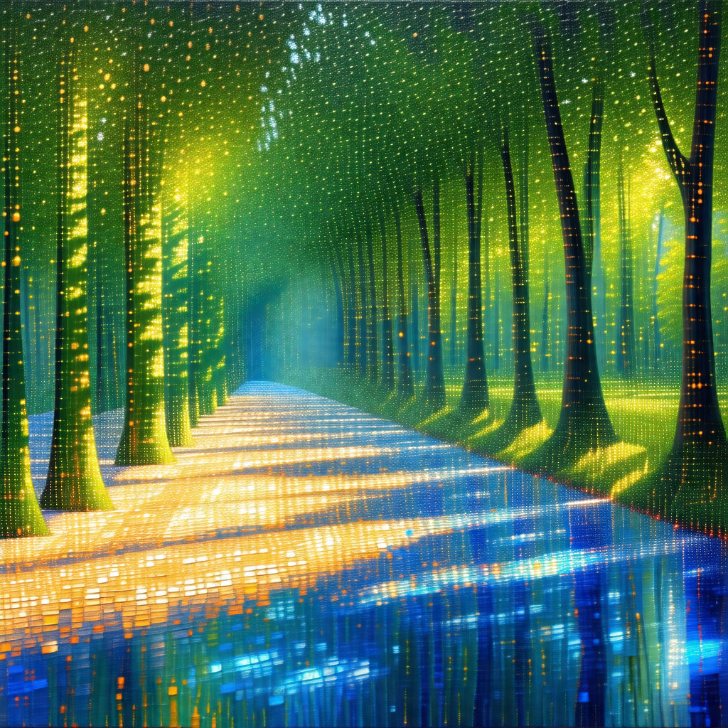 Painting of a forest with a pathway running through it