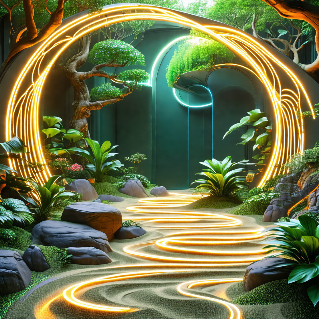 Beautiful garden with a pathway leading to a doorway
