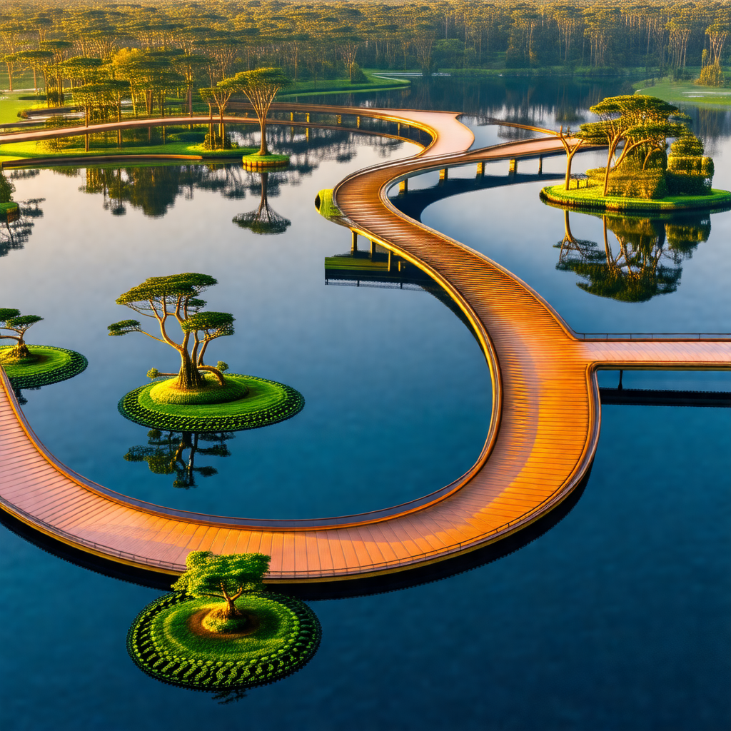 Beautifully designed wooden walkway that stretches across...