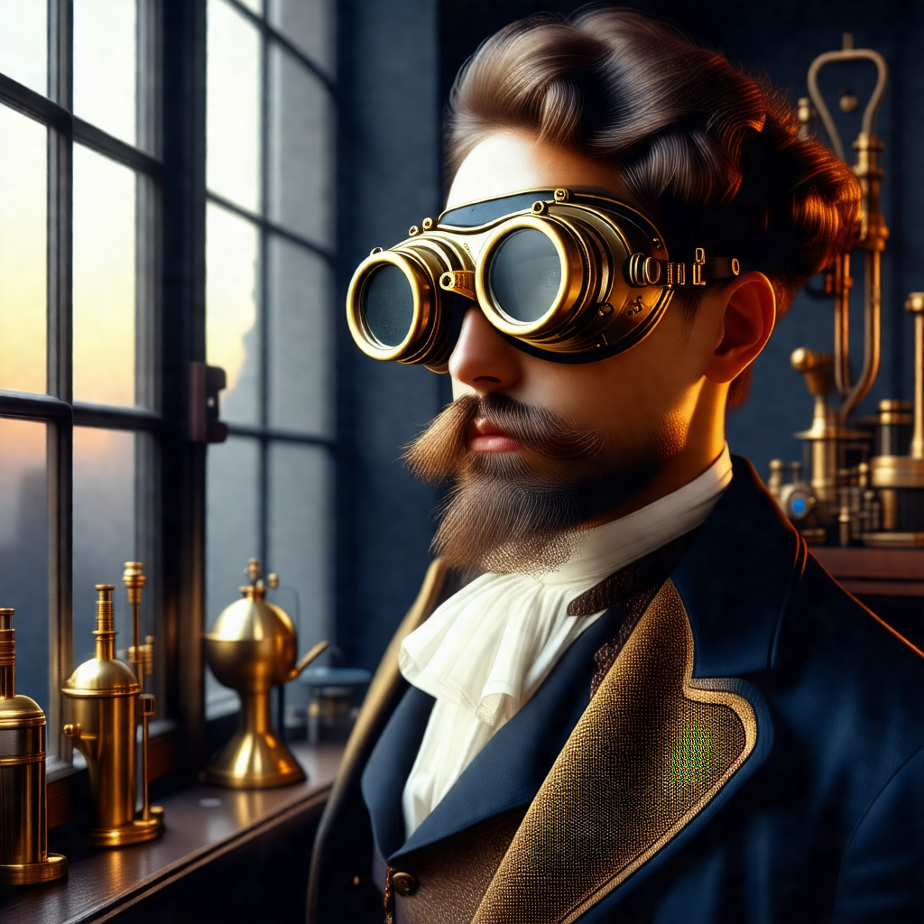 Man wearing a suit and a pair of goggles, giving him a fu...