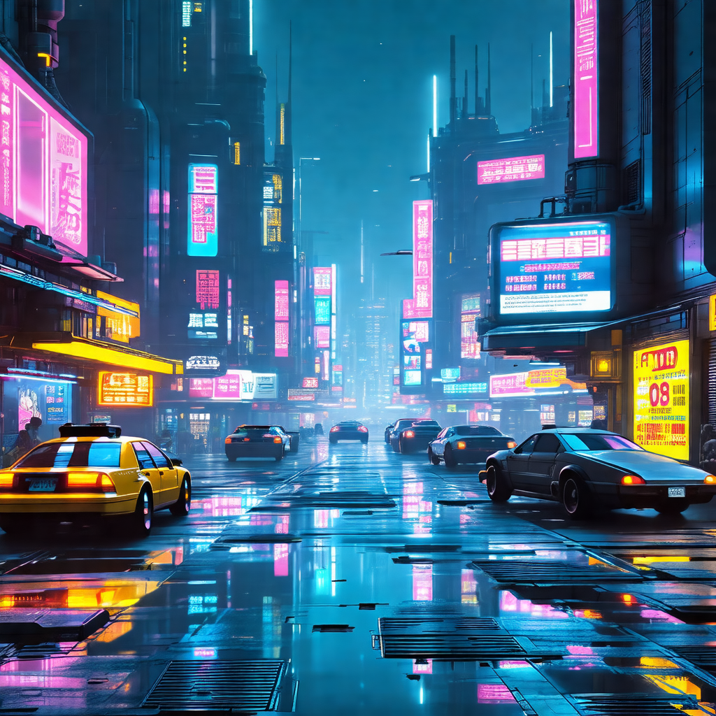 Futuristic city scene with a rain-soaked street filled wi...
