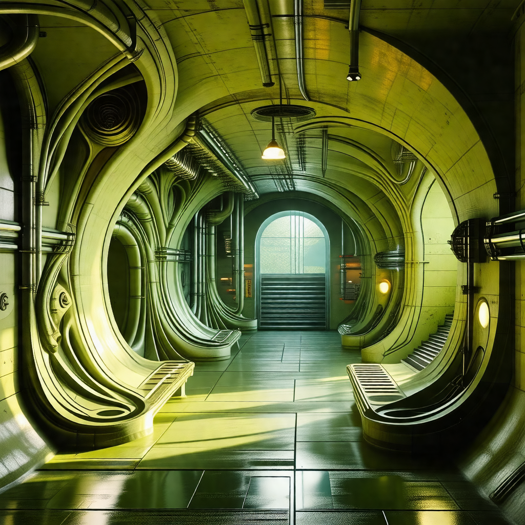 Futuristic, industrial-looking room with a long, curved h...