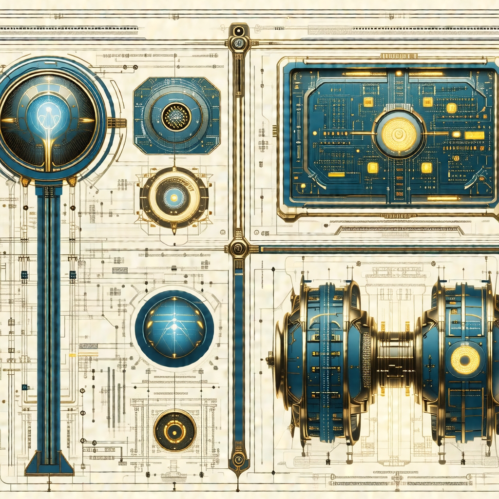 Blue and gold drawing of a futuristic machine