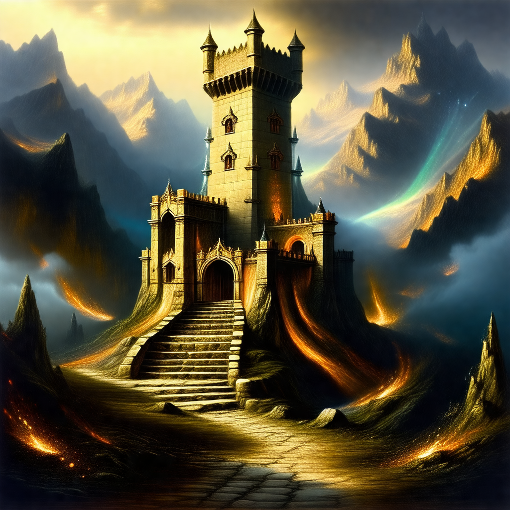 Large, medieval-style castle with a tall, pointed tower