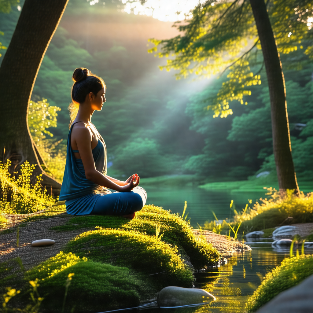 Woman sitting on a rock in a serene forest setting