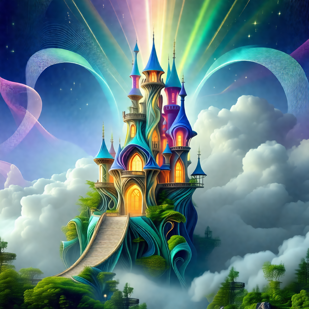 Colorful, fantasy-like castle with a rainbow-colored roof