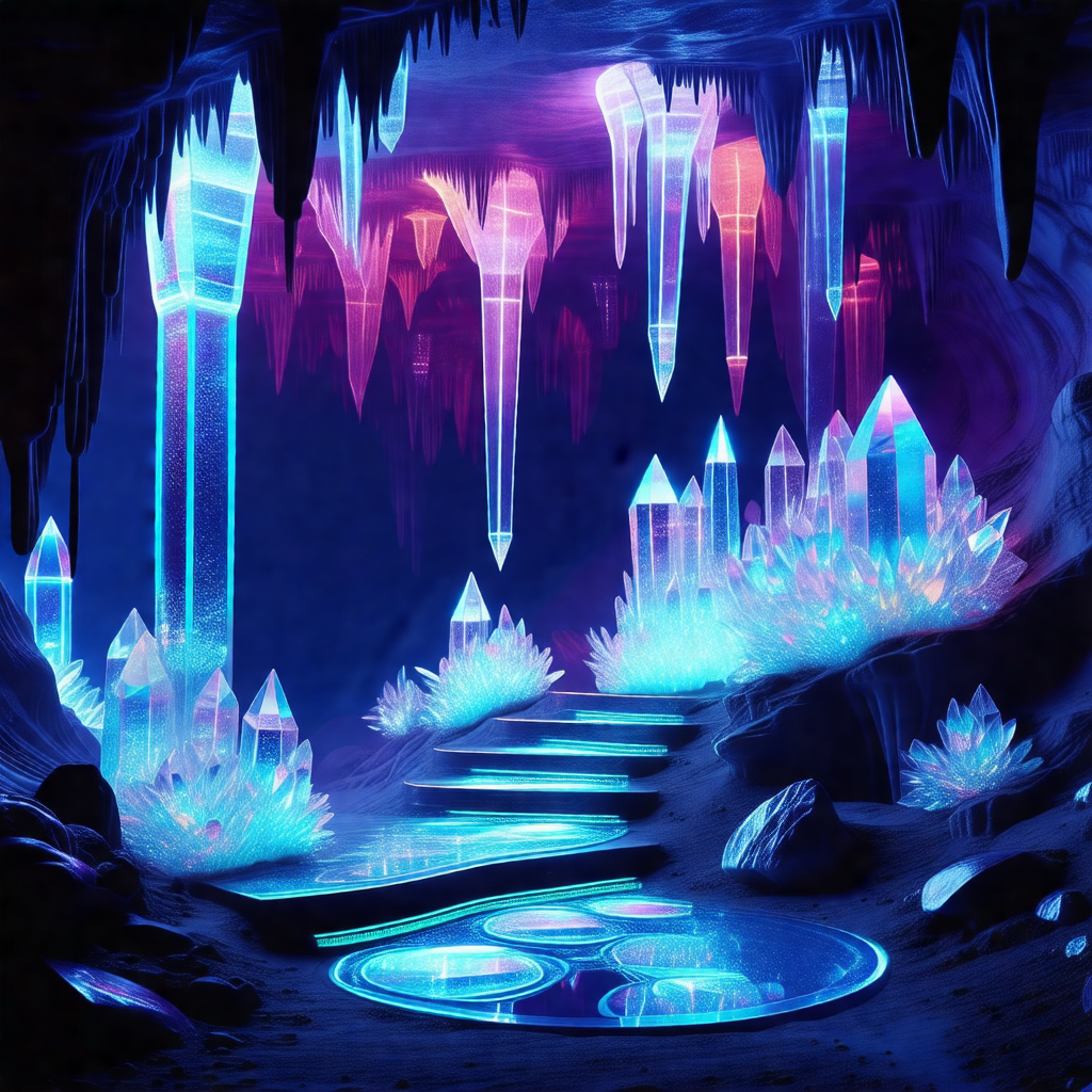 Blue and purple cartoon of a cave with a waterfall