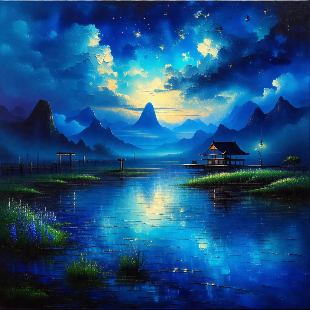 Painting of a serene scene featuring a small house situat...