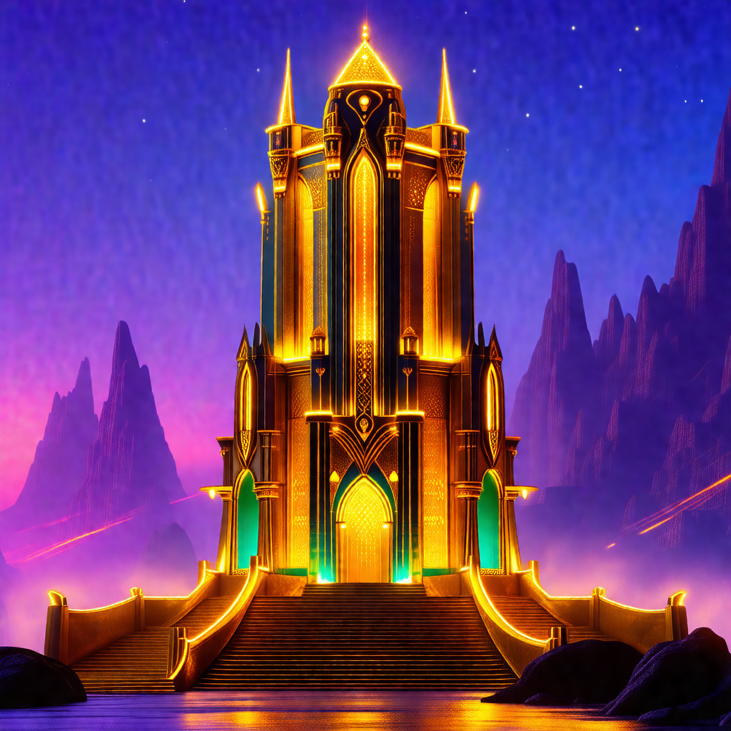 Large, ornate castle with a tall tower and a golden roof