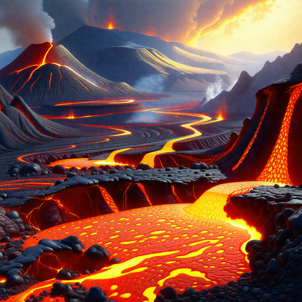 Vivid and colorful landscape, featuring a river of lava f...