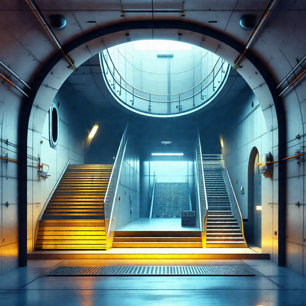 Large, modern building with a spiral staircase leading to...