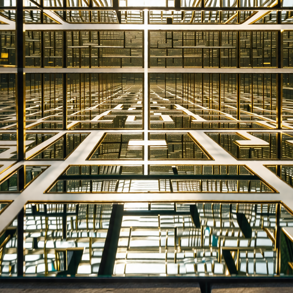 Large glass window with a reflection of a building in the...