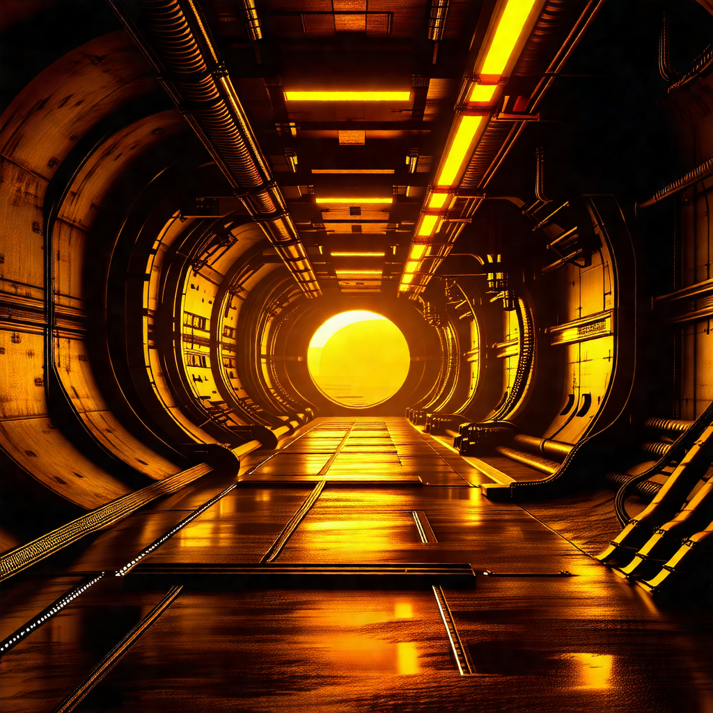 Black and white photo of a tunnel with a yellow light ill...