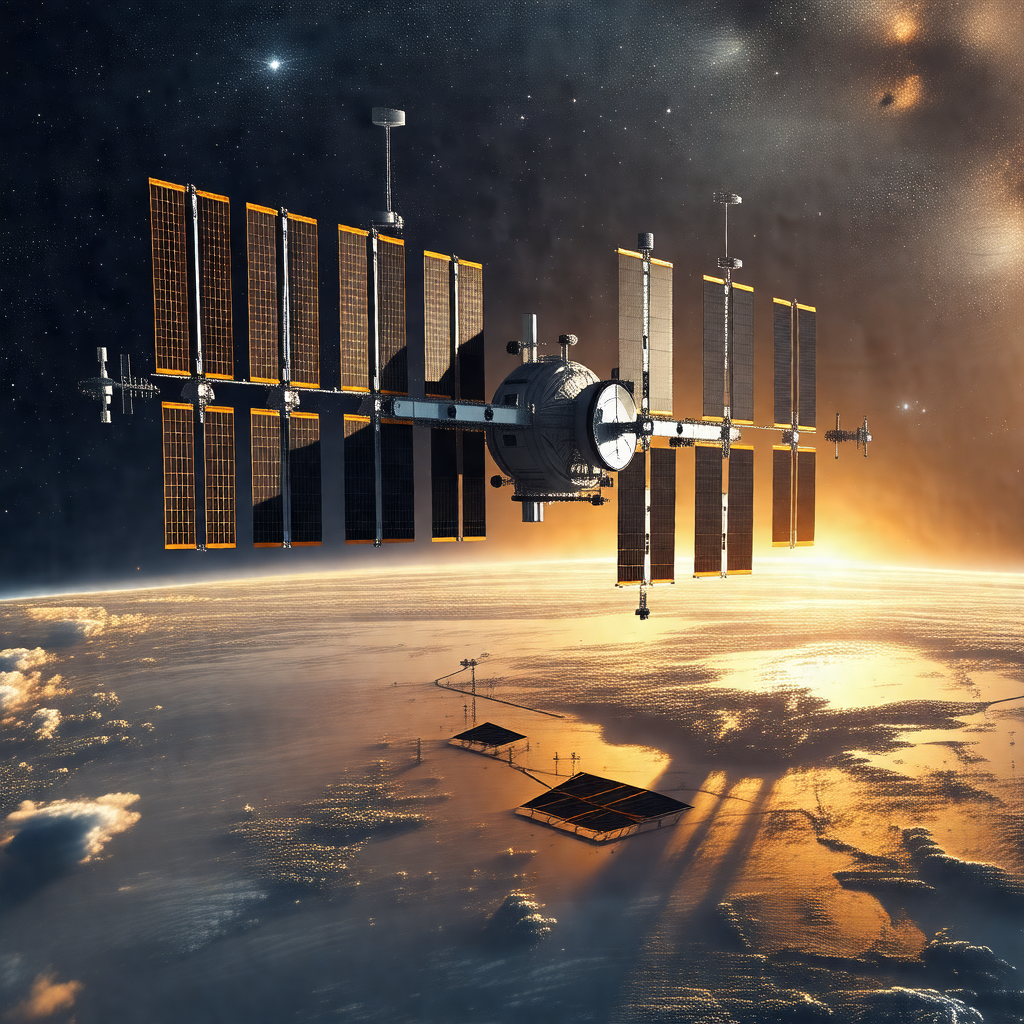 Space station floating in the sky, with a large dome-shap...