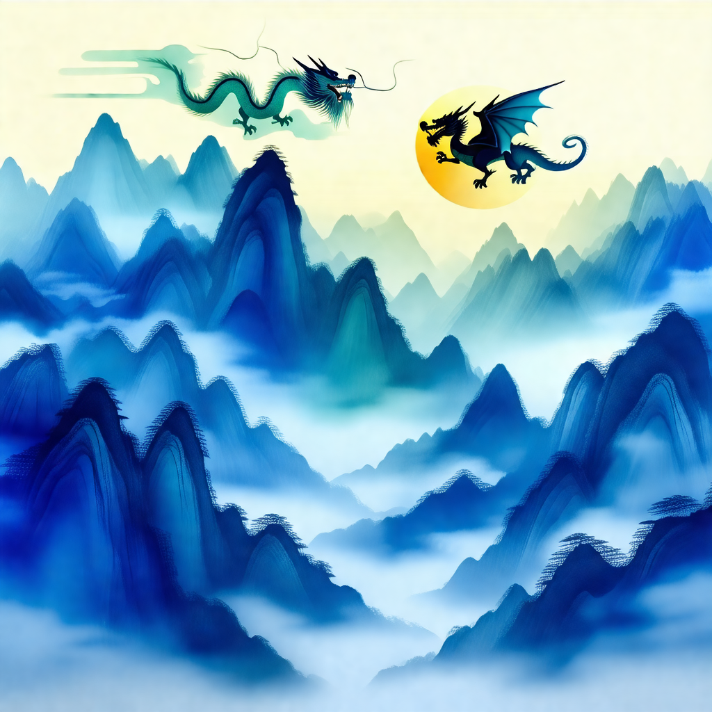 Beautiful scene of two dragons flying over a mountain range