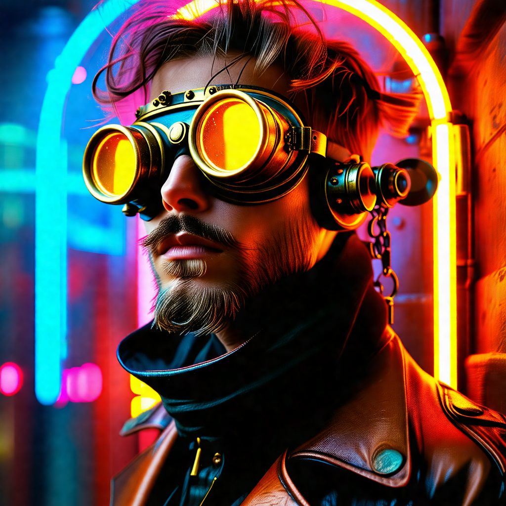 Man wearing a leather jacket and goggles, standing in fro...