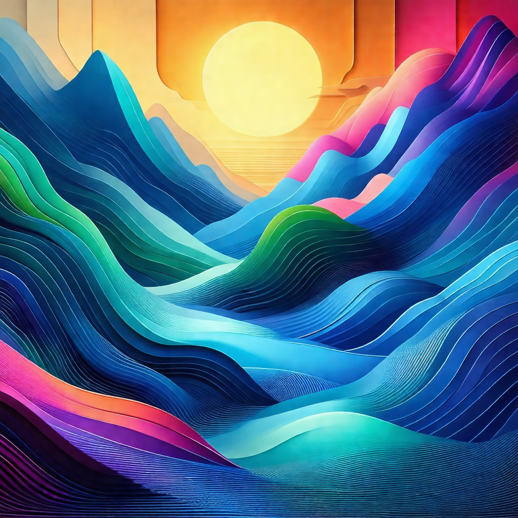 Painting of a mountain range with a sunset in the background