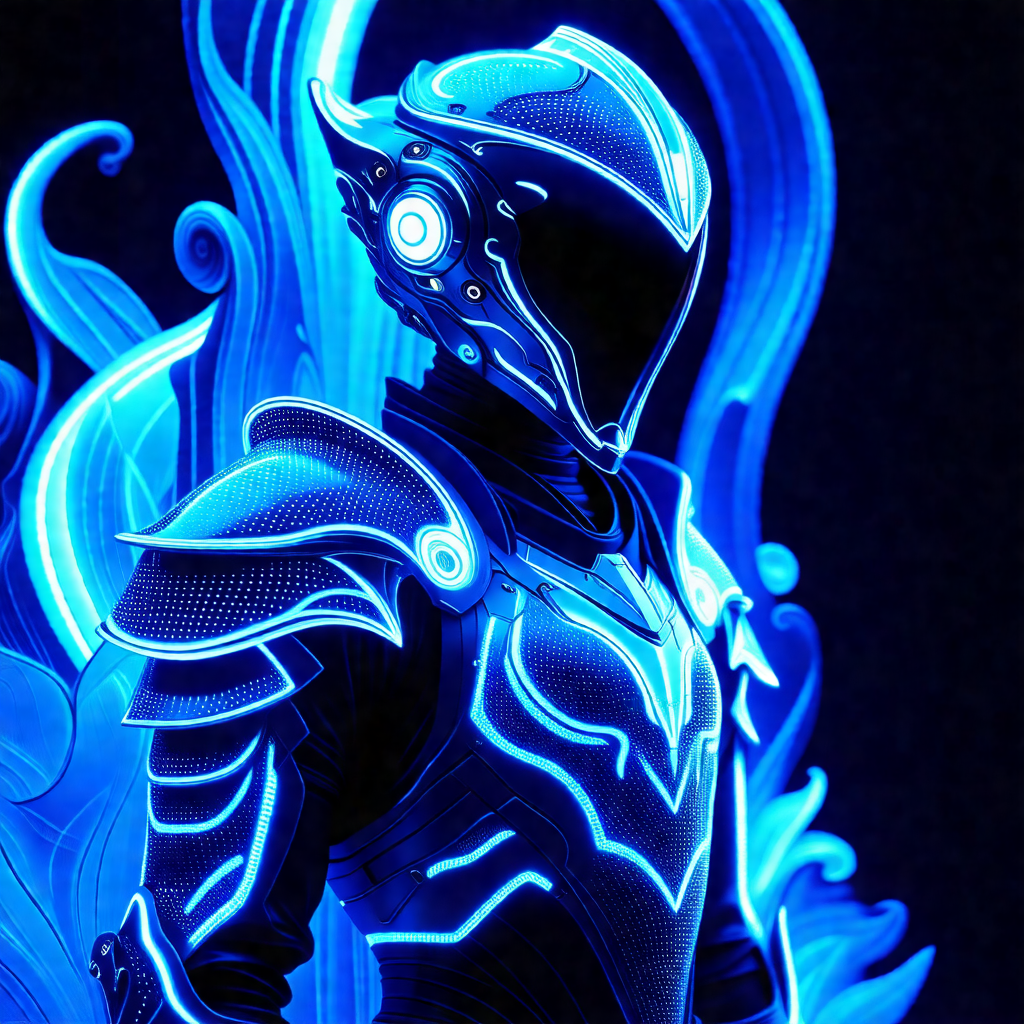 Man wearing a futuristic, blue-lit suit