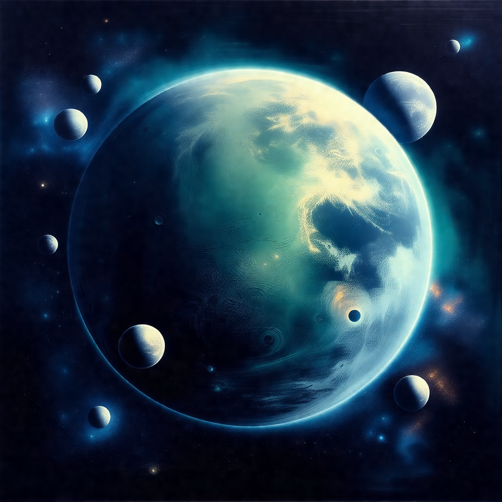 Blue and green earth, surrounded by several other planets