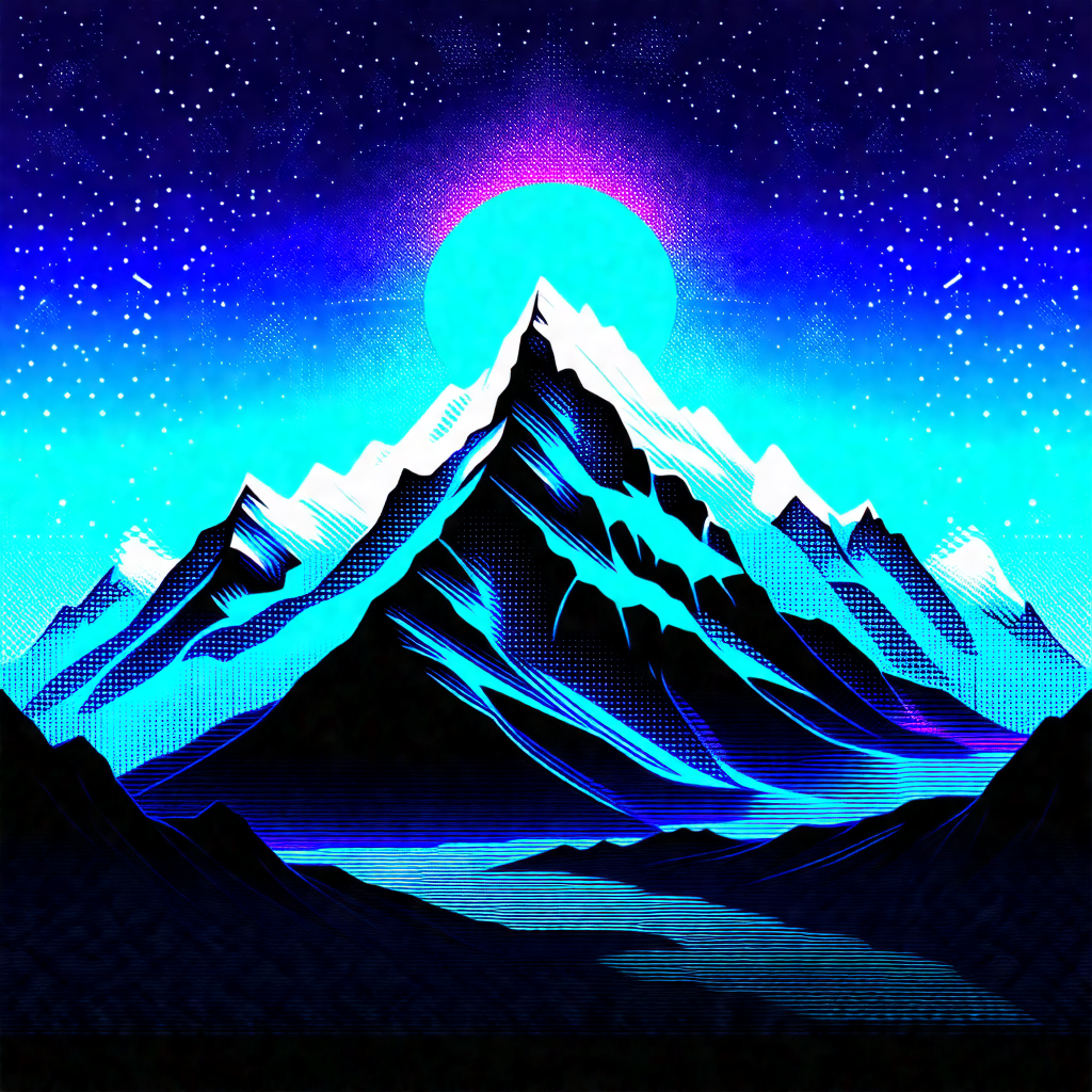 Large, snow-covered mountain with a blue moon rising in t...