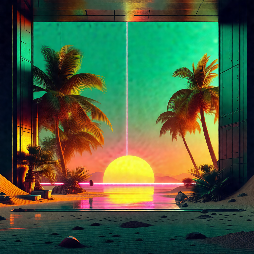 Colorful, computer-generated scene featuring a tropical b...