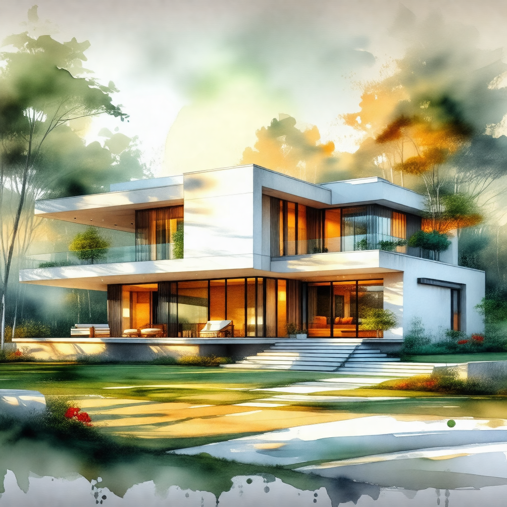 Painting of a large white house with a lot of windows
