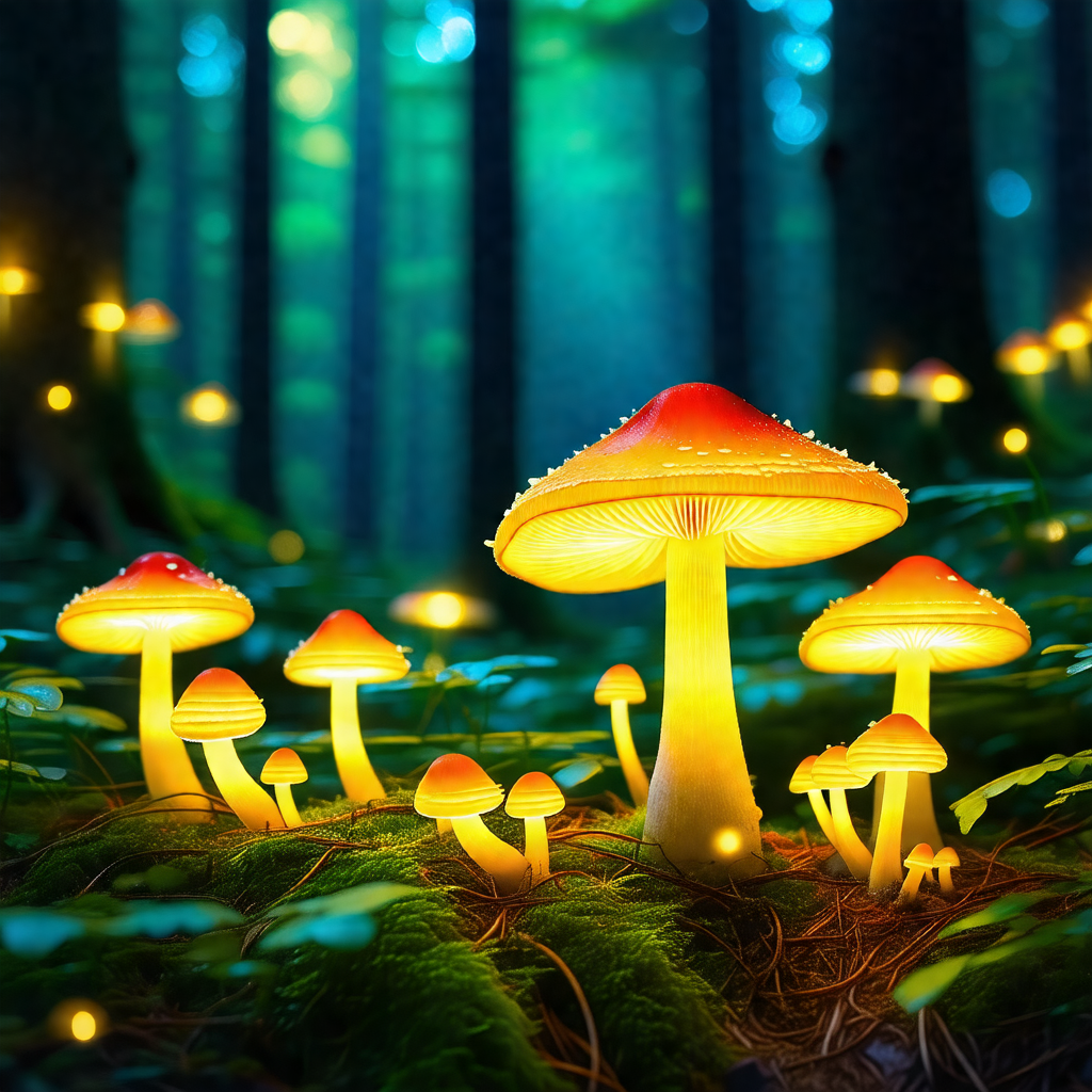 Forest with a group of mushrooms growing on the ground