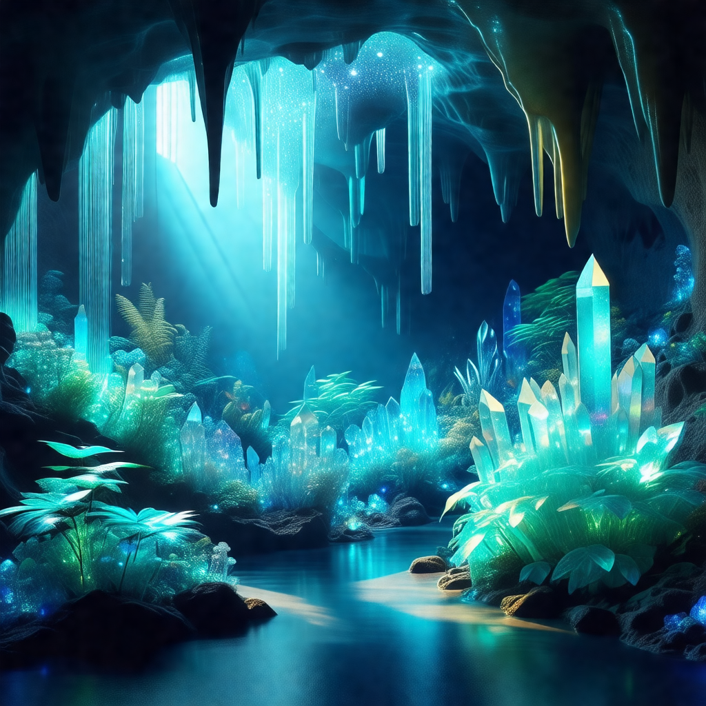 Beautiful underwater cave filled with crystals and plants