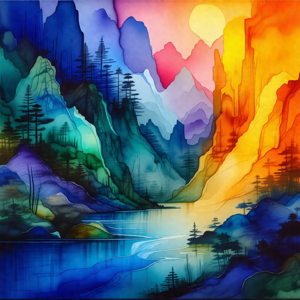 Painting of a mountainous landscape with a river flowing ...