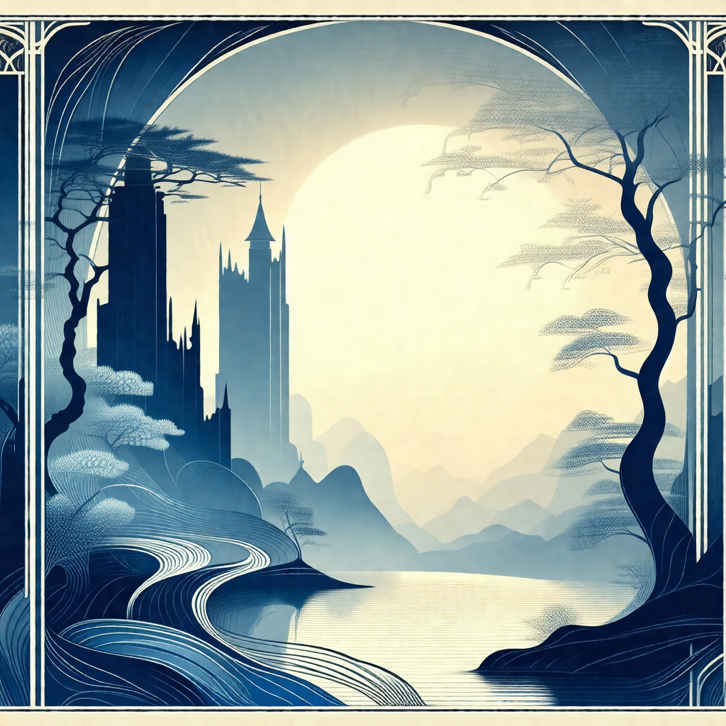 Blue and white painting of a castle and a river