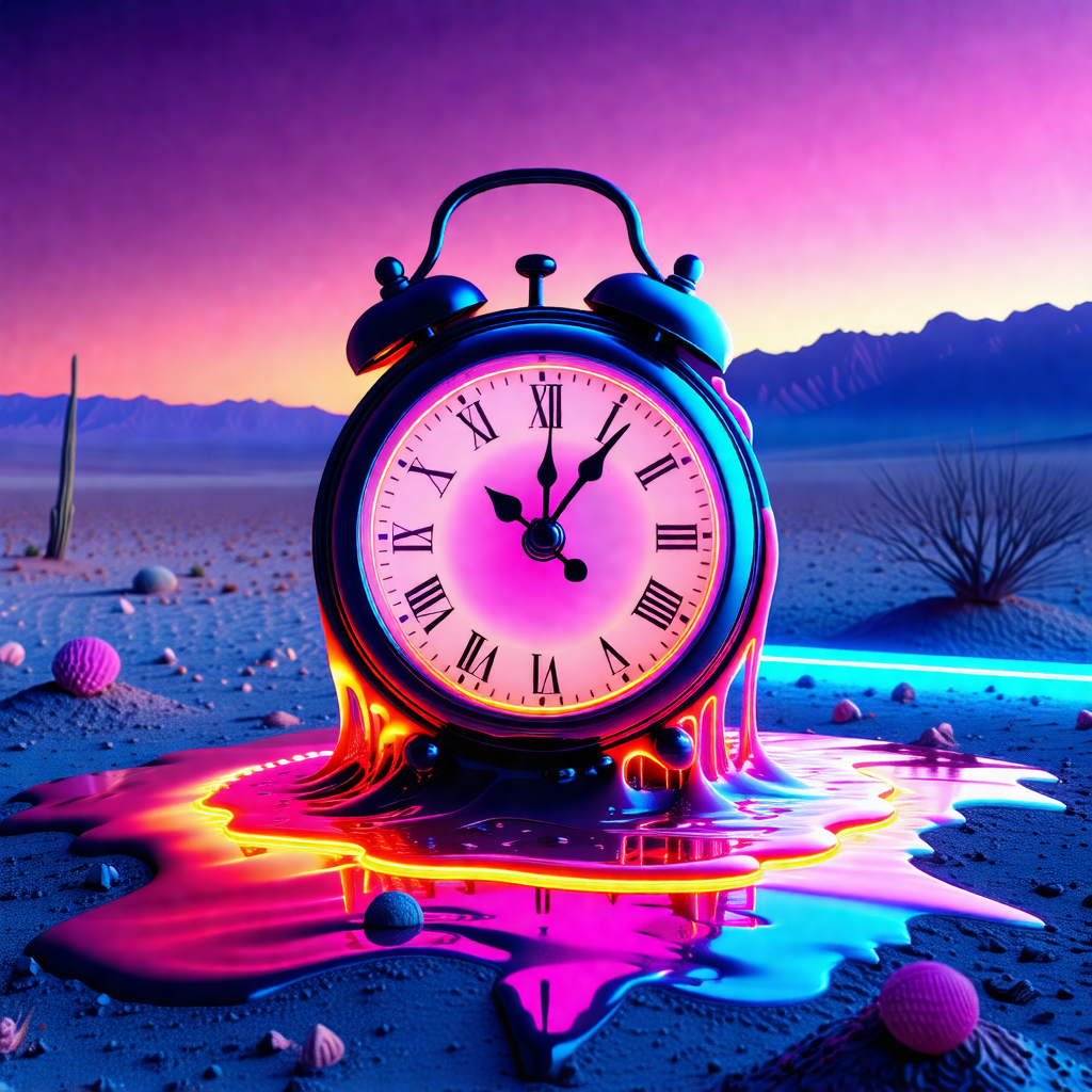 Large, colorful clock sitting in a pool of neon-colored l...